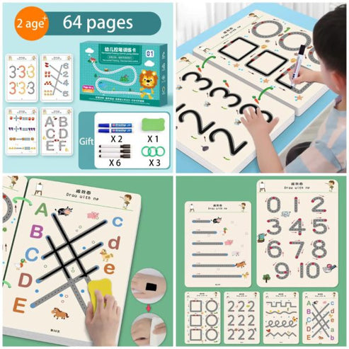 Kids Educational Erasable Tracing Book (64 Pages, A4 Size) | Two Markers & Dusters Attached